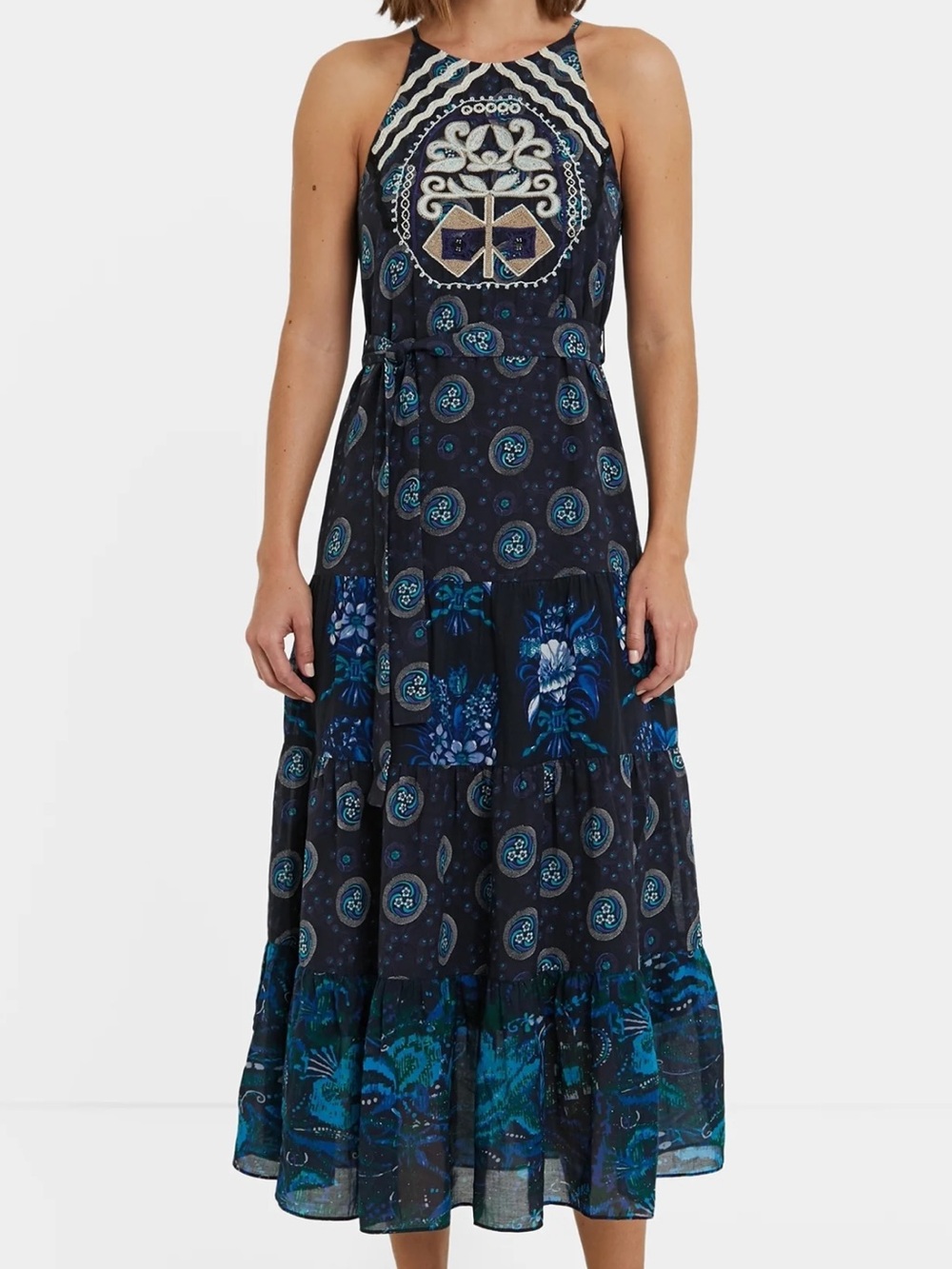 Desigual Embroidered Navy Midi Halter Dress with Teal & Cream Accents New Size L - Picture 2 of 8
